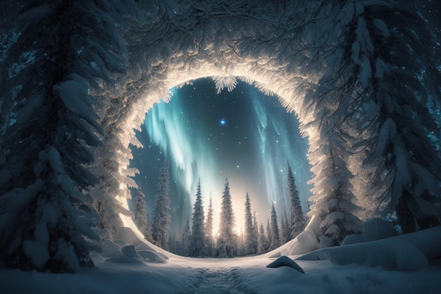 Paisaje de ilustración de portal místico con bosque de pinos y nieve IA generativa