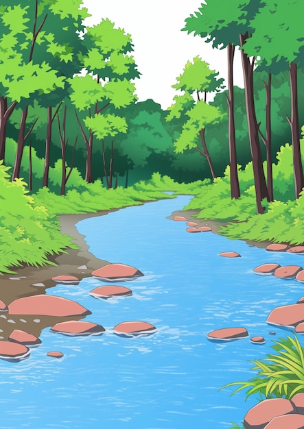 Paisaje con ilustración de un río forestal
