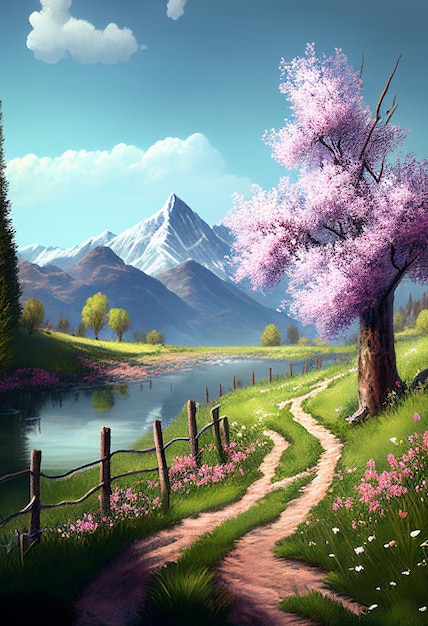 Paisaje de ilustración de un río rural y un árbol en flor Creado con tecnología de IA generativa