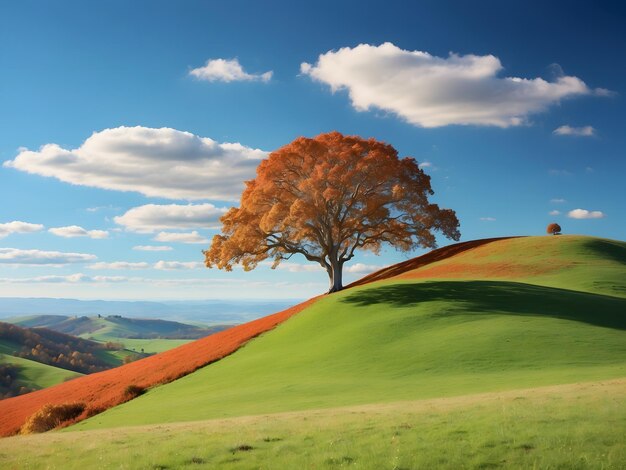 Foto un paisaje impresionante con una amplia extensión de cielo azul claro rodando colinas verdes y un solo majes