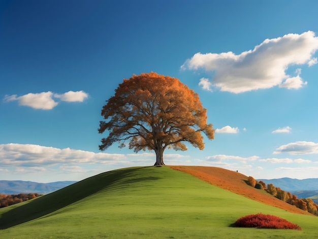 Un paisaje impresionante con una amplia extensión de cielo azul claro rodando colinas verdes y un solo majes