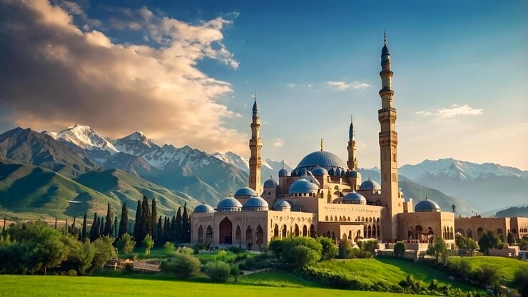 un paisaje impresionante con una mezquita ubicada en un valle rodeado de majestuosas montañas