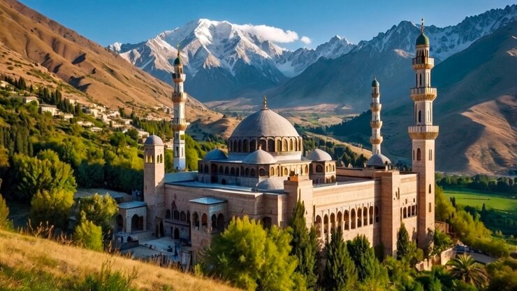 un paisaje impresionante con una mezquita ubicada en un valle rodeado de majestuosas montañas