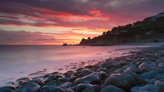 Un paisaje impresionante de una playa rocosa en una hermosa puesta de sol