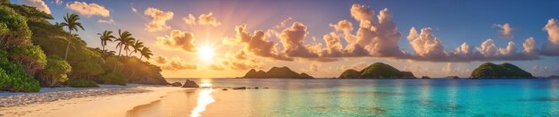 Foto un paisaje impresionante de una playa tropical con palmeras océano tranquilo y un cielo nublado durante la puesta de sol