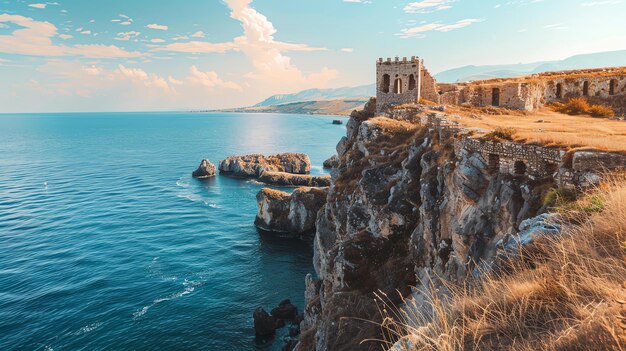 Un paisaje increíble con un castillo en ruinas en un acantilado rocoso junto al mar