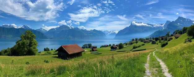 Un paisaje increíble del lago y las montañas