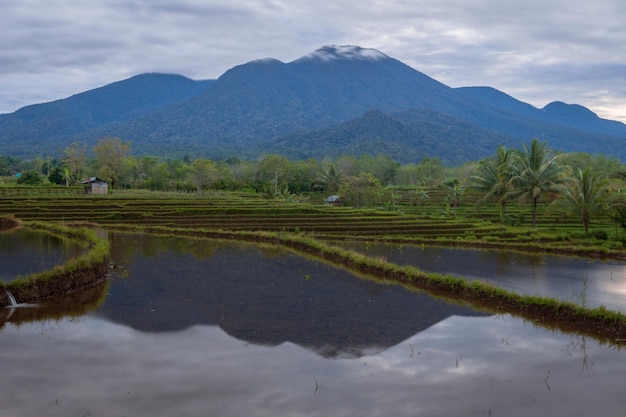 Paisaje de indonesia por la mañana hermoso reflejo de montaña