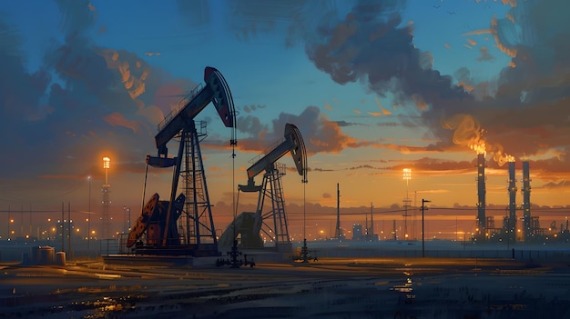 Paisaje industrial del crepúsculo con plataformas petroleras Producción de energía combustibles fósiles y desafío ambiental Cielo nocturno sobre el campo petrolífero IA