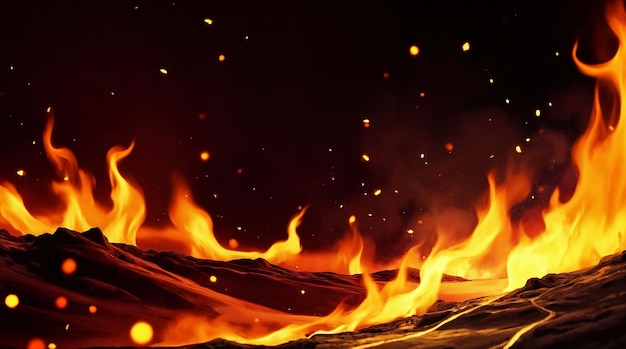 Paisaje de infierno ardiente con llamas y lava