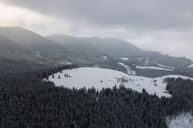 Paisaje invernal aéreo con pequeñas casas rurales entre bosques cubiertos de nieve en montañas frías.