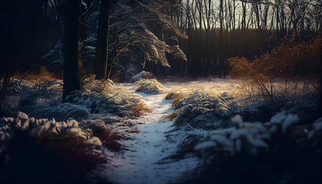 Paisaje invernal con árboles cubiertos de nieve y camino en el bosque al atardecergenerativo ai