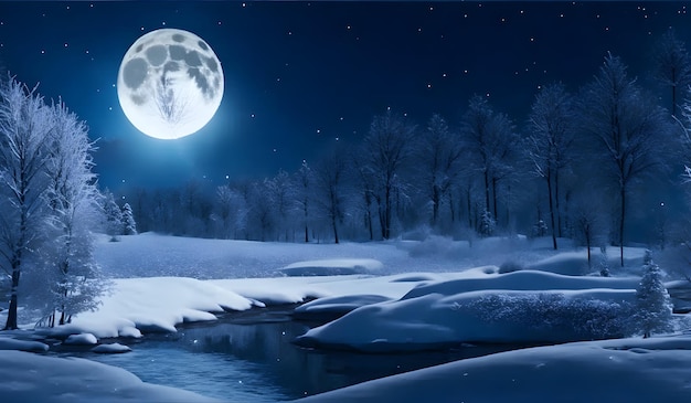 Paisaje invernal con árboles cubiertos de nieve y luna llena en el cielo nocturno