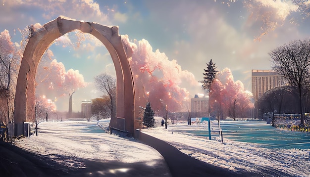 Paisaje invernal con arco de piedra, parque público o entrada al jardín, árboles desnudos de nieve y edificios de la ciudad en el horizonte bajo un cielo despejado de invierno, ilustración 3d