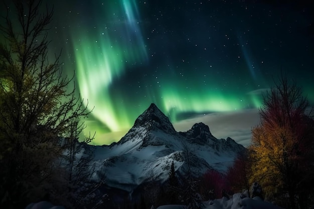 Un paisaje invernal con una aurora verde sobre una montaña