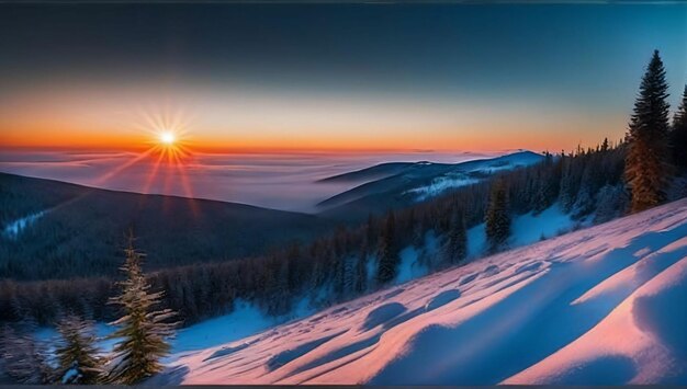 Paisaje invernal bañado por el resplandor del atardecer