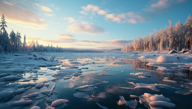 Foto paisaje invernal bosque congelado escena tranquila majestuoso reflejo de montaña generado por inteligencia artificial