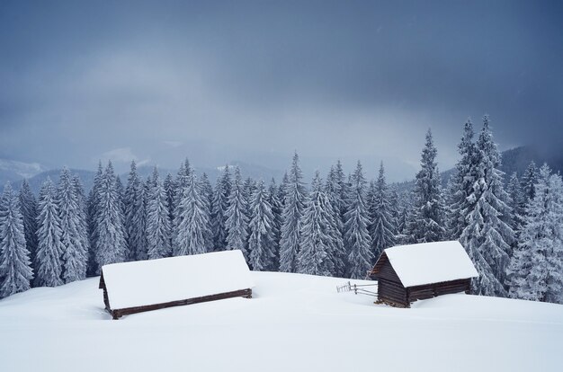 Paisaje invernal con cabaña en un bosque de montaña