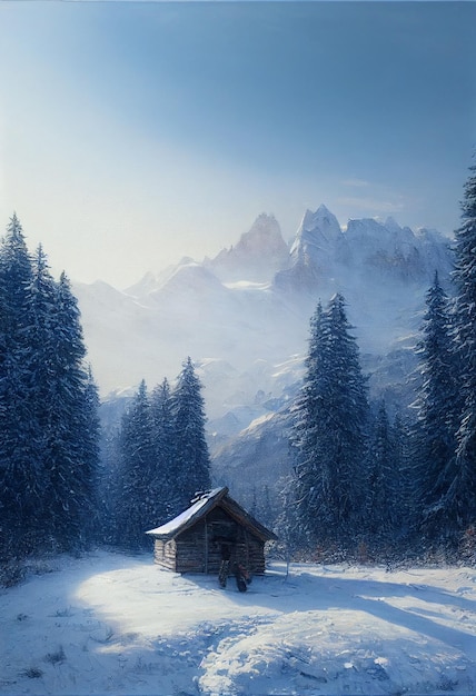 Paisaje invernal de cabaña de madera con nieve en temporada de invierno