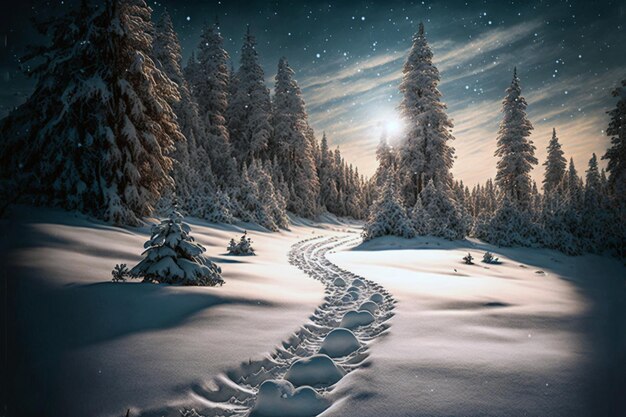 Un paisaje invernal con un camino cubierto de nieve y huellas en la nieve.