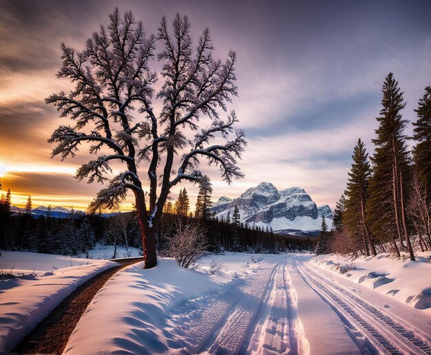paisaje invernal camino nevado con árboles y montañas