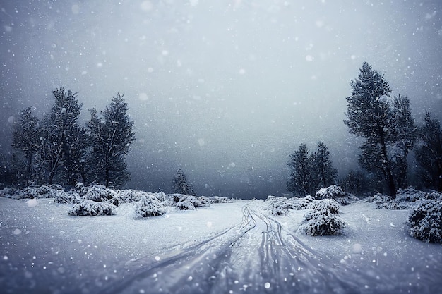 Paisaje invernal con un camino que corre a lo largo de los árboles bajo un cielo nublado con copos de nieve que caen ilustración 3d