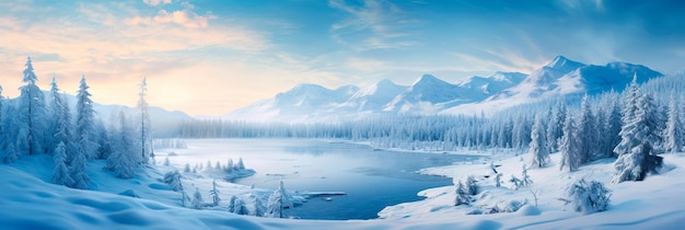 paisaje invernal cubierto de nieve con una vista aérea de un lago congelado y un paisaje nevado circundante