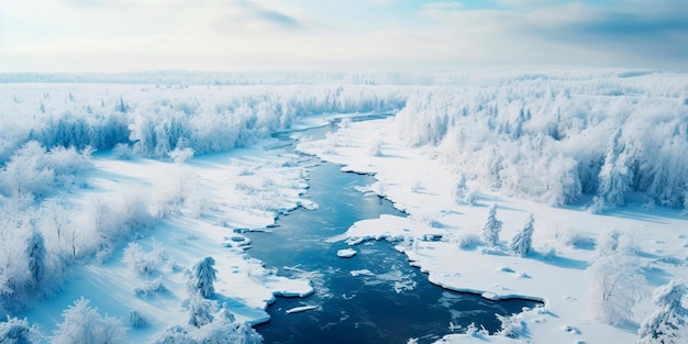 paisaje invernal cubierto de nieve con una vista aérea de un lago congelado y un paisaje nevado circundante