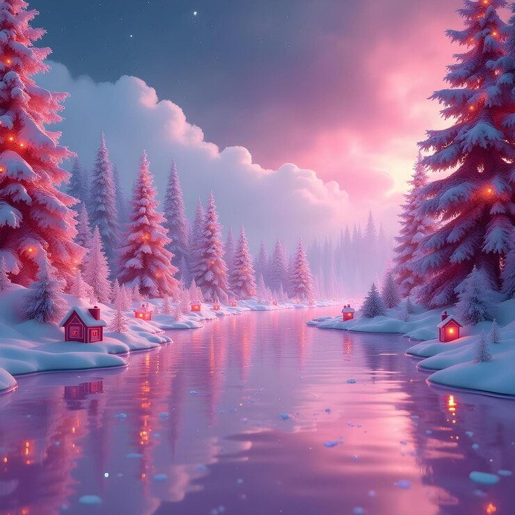 Paisaje invernal encantado Cielo rosado y árboles nevados
