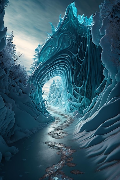 Paisaje invernal de fantasía con cueva de hielo IA generativa