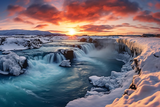 Foto paisaje invernal islandés ponerse el sol dramático sobre la cascada de gullfoss