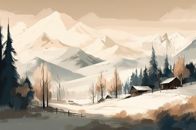 Un paisaje invernal de montañas y colinas tranquilas representado en una ilustración minimalista Colores suaves