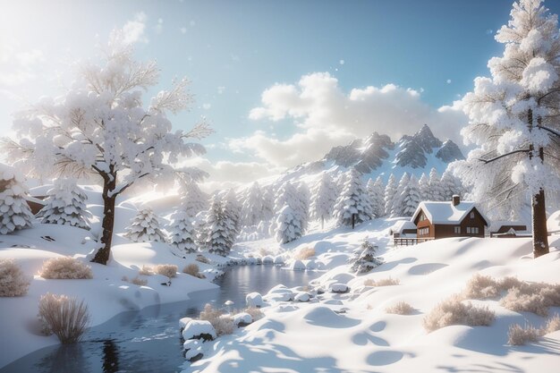 Paisaje invernal nevado en 3D