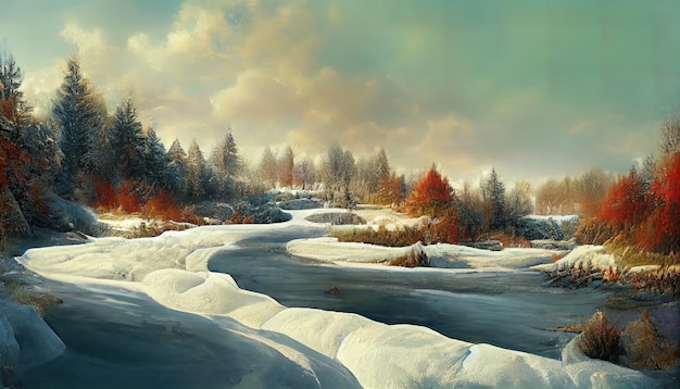 Paisaje invernal con nieve en el bosque con río congelado Ai generativo coloreado detallado