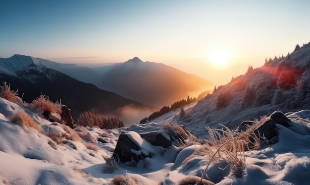 Un paisaje invernal con nieve y sol.