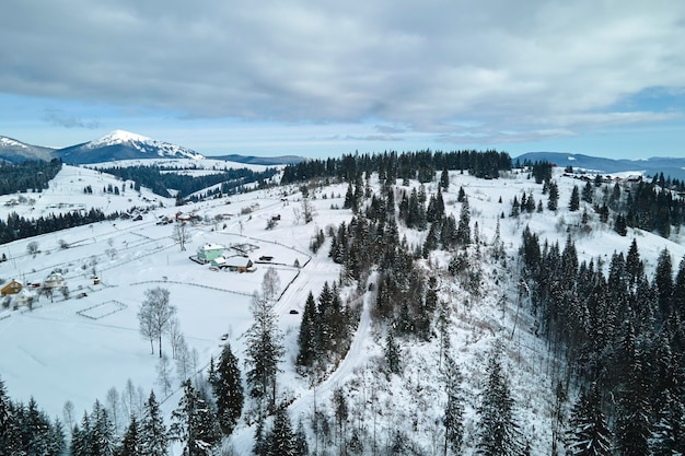 Paisaje invernal con pequeñas casas de pueblo entre bosques cubiertos de nieve en montañas frías