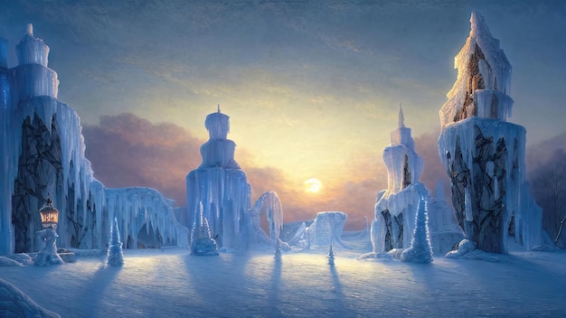 Paisaje invernal con puesta de sol de neón Grandes bloques de hielo árboles congelados Paisaje nevado de invierno de fantasía Ilustración 3D de naturaleza congelada