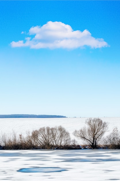 Paisaje invernal con río, árbol y nube blanca en el cielo azul