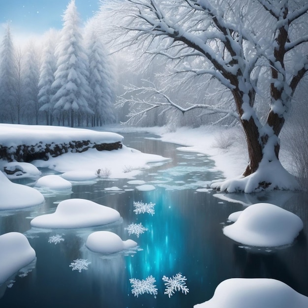 Paisaje invernal con río congelado y árboles cubiertos de nieve Composición natural
