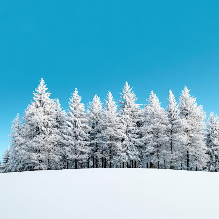 Un paisaje invernal sereno con árboles cubiertos de nieve bajo un cielo azul claro que muestra la belleza de la naturaleza en invierno
