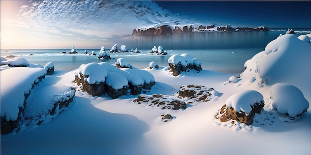 Paisaje invernal sereno montañas cubiertas de nieve en un día nublado cerca del agua