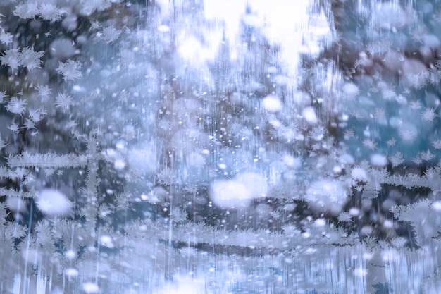 Paisaje invernal a través de una ventana congelada. Fondo de nieve borroso. Árboles y plantas cubiertas de nieve.