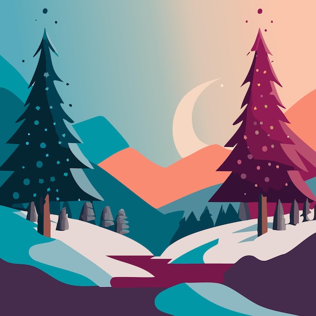 Paisaje invernal vectorial con montañas nevadas y abetos