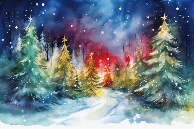 Paisaje de invierno con abetos en la montaña de nieve en estilo de acuarela Ilustración de acuarela digital de vacaciones para el diseño de carteles o pancartas de Navidad y Año Nuevo IA generativa