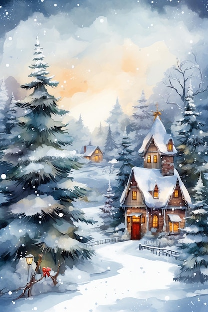 Paisaje de invierno en acuarela Ilustración de la noche de Navidad Casas del pueblo con bosque de abeto de nieve
