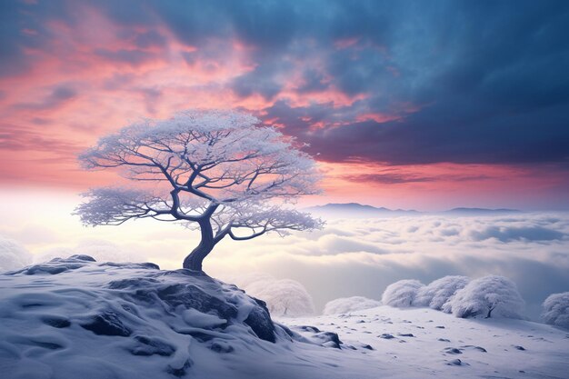 Foto paisaje de invierno con árbol cubierto de nieve generado con ia