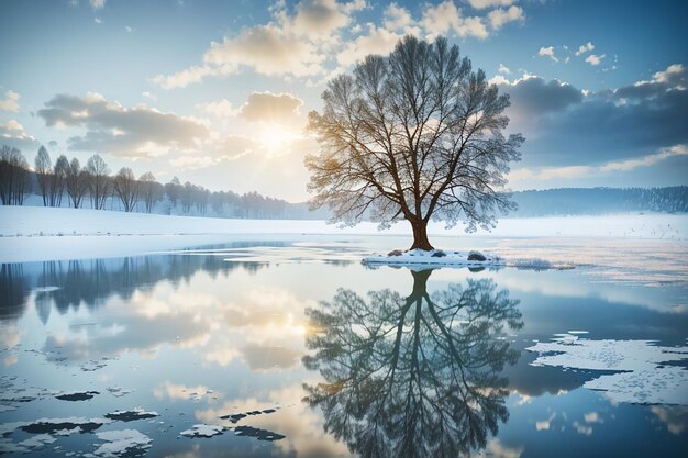 Paisaje de invierno con un árbol solitario en el lago y el reflejo en el agua