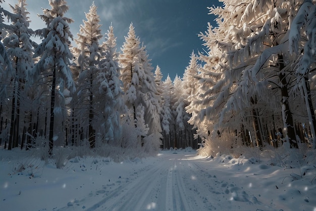 Paisaje de invierno con árboles cubiertos de nieve en el fondo del bosque de Navidad