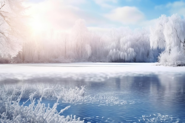 Paisaje de invierno árboles cubiertos de nieve en un lago