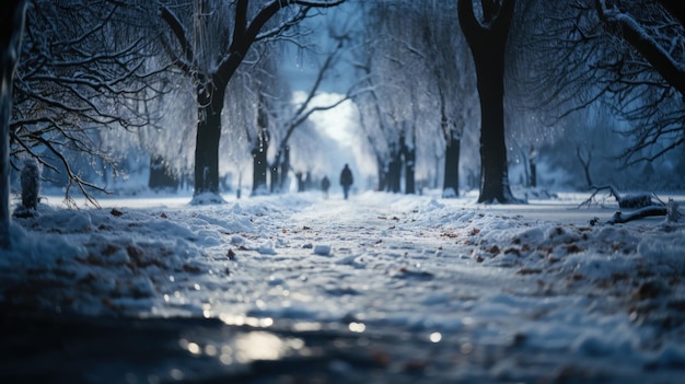 Paisaje de invierno con árboles cubiertos de nieve en el parque de la ciudad Foco selectivo